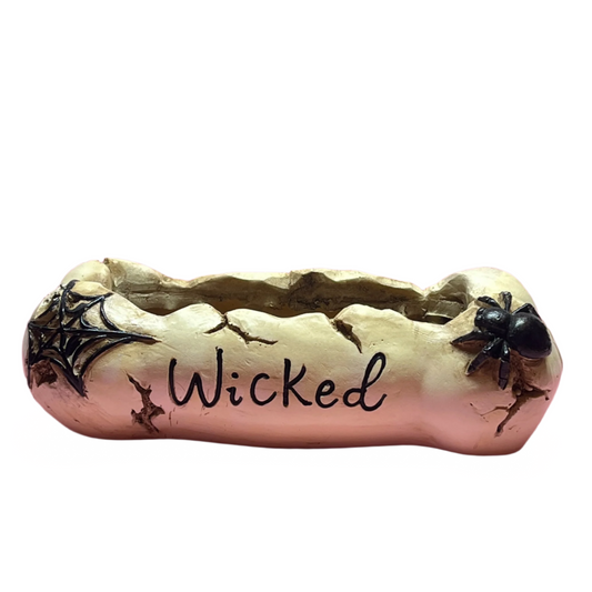Bone-shaped “Wicked” planter with playful spider detail, 5" opening, spooky decorative pot for small plants
