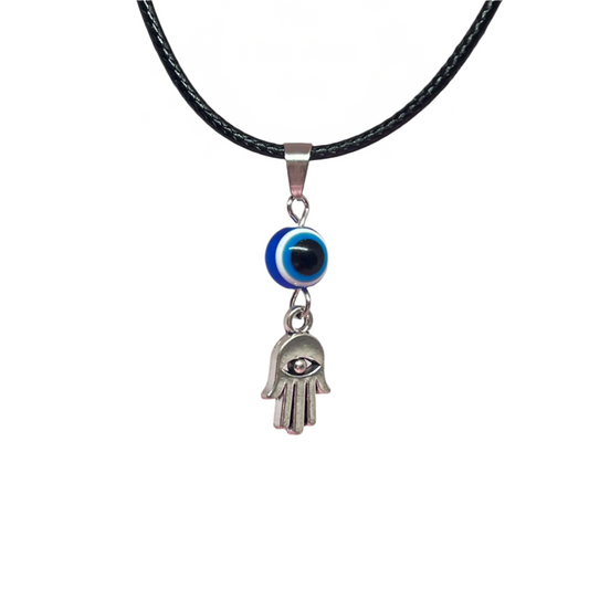 Silver tone Evil Eye Hamsa hand necklace on adjustable black cord, protective spiritual jewelry gift