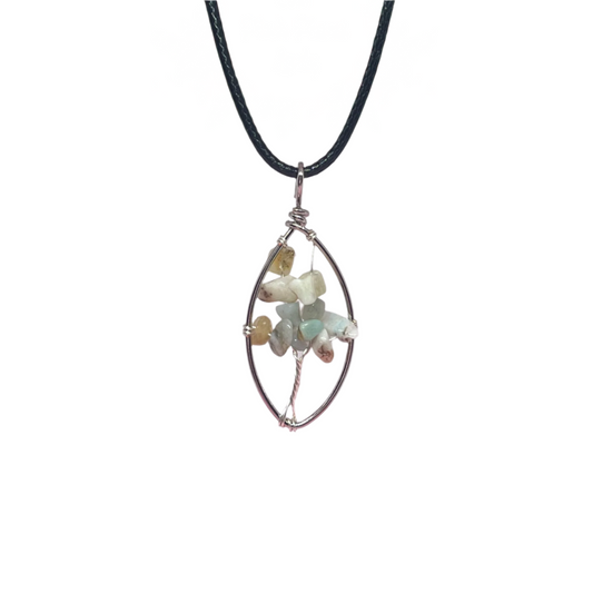 Silver-tone Tree of Life pendant with Amazonite crystal chips in oval shape, hand-picked mystical jewelry from The Pink Plant Lady