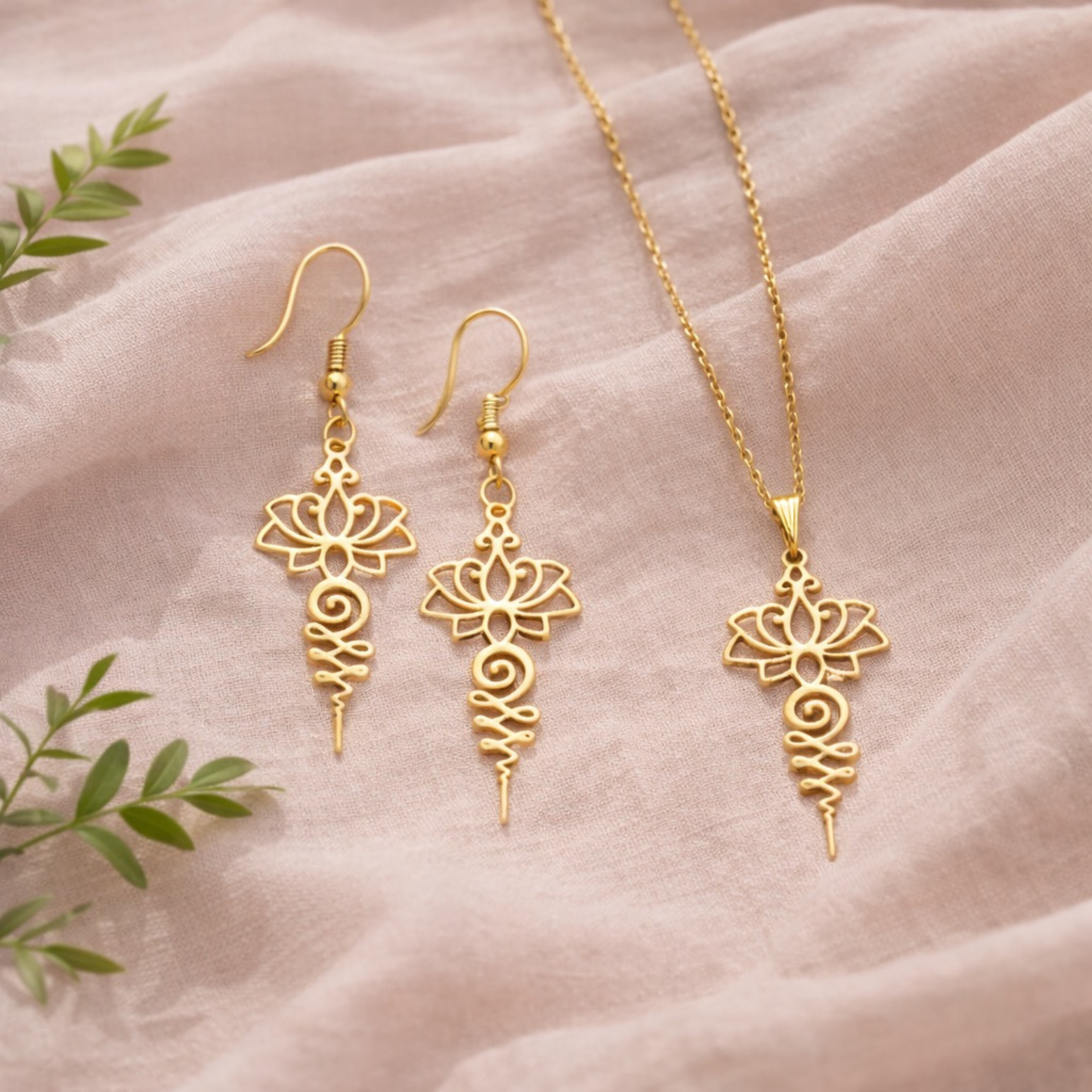 Gold tone lotus flower pendant necklace with matching lotus earrings stainless steel jewelry set