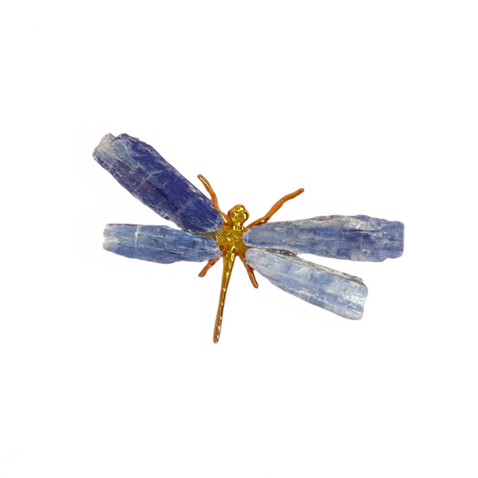 Gold dragonfly with kyanite blade wings, available in blue kyanite, promotes clarity, intuition, and alignment.