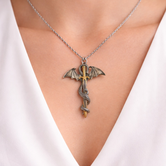 Glow in the dark dragon sword necklace with silver and gold tone fantasy pendant wrapped dragon design