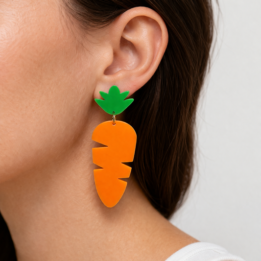 Bright orange carrot shaped acrylic dangle earrings with green tops and hypoallergenic hooks novelty spring jewelry