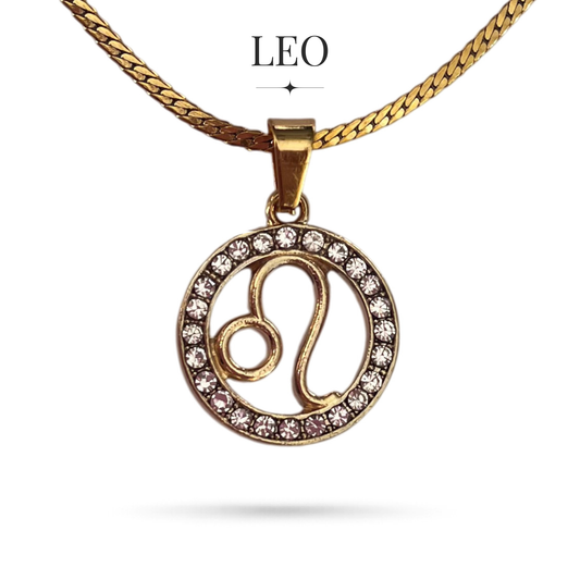 Gold tone Leo zodiac horoscope necklaces with rhinestones on stainless steel chain, all signs available