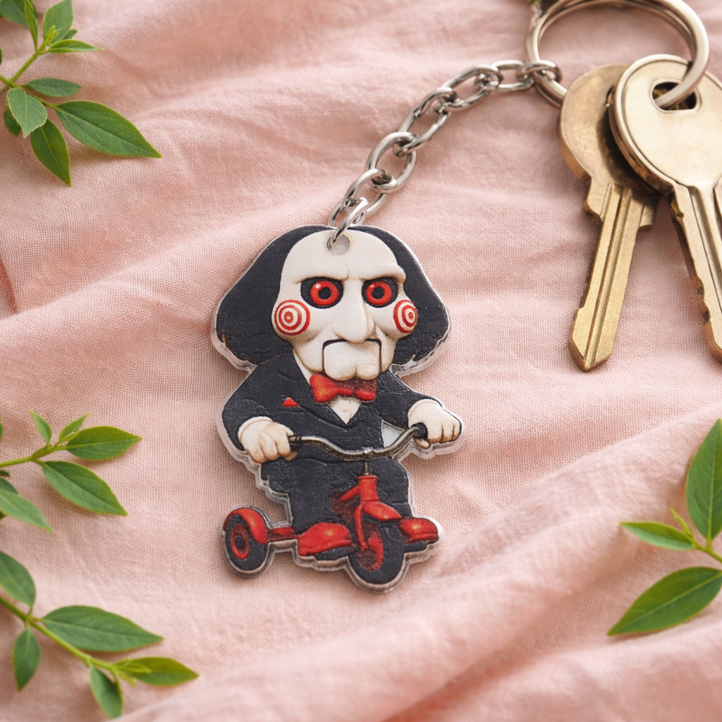 Acrylic horror tricycle puppet keychain spooky character accessory on metal keyring