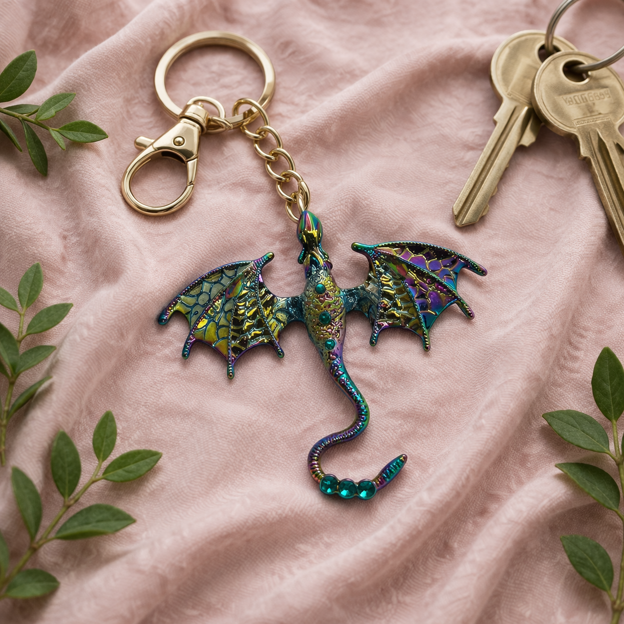 Iridescent winged dragon keychain fantasy bag charm with lobster clasp attachment