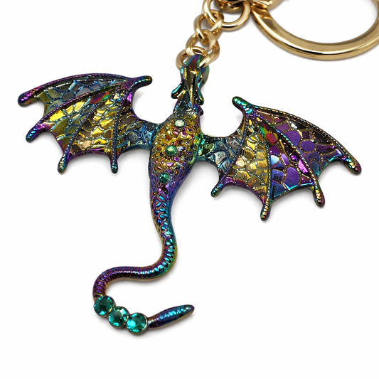 Iridescent winged dragon keychain fantasy bag charm with lobster clasp attachment