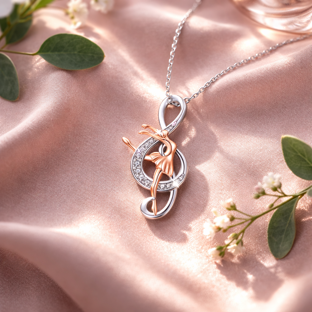 Silver and rose gold tone ballerina necklace with rhinestone details, elegant dance jewelry pendant