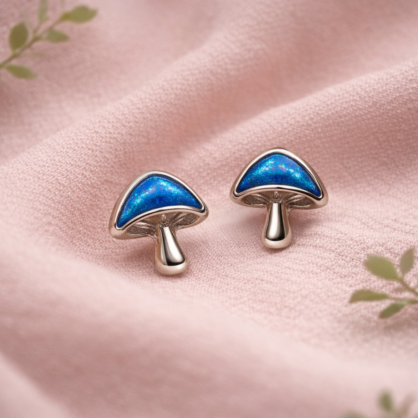 Tiny blue mushroom stud earrings silver tone alloy woodland nature jewelry