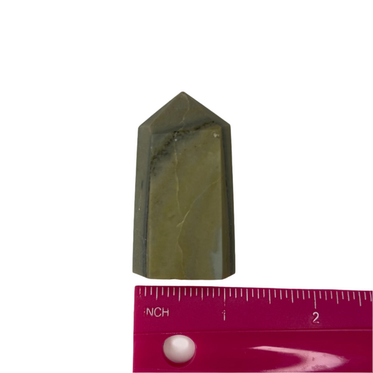 Dendritic green opal tower with intricate natural patterns, promotes emotional healing, balance, compassion, and personal growth; symbolizes amplified energy, focus, and stability.