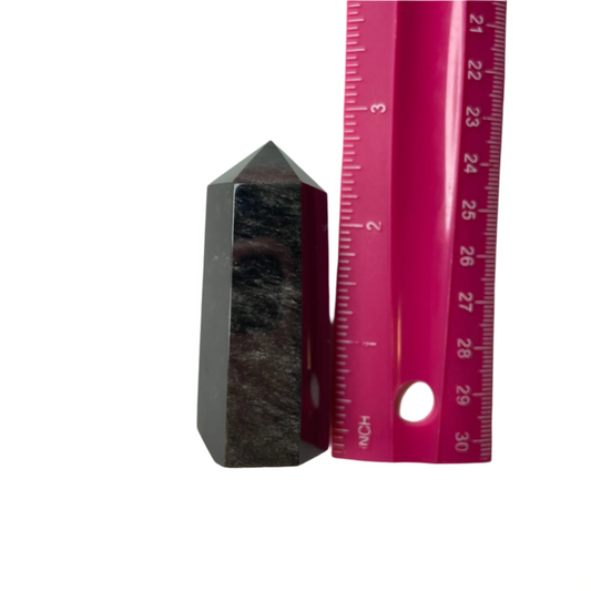 Silver Sheen Obsidian tower with reflective lunar shimmer, enhances perception, decision-making, self-awareness, and astral connection; symbolizes energy amplification, clarity, and transformation.