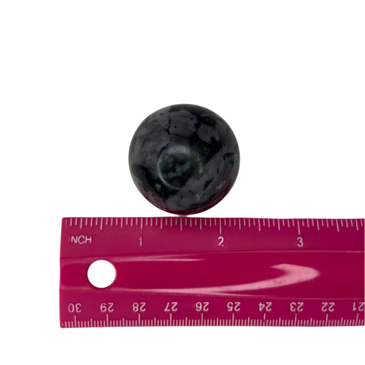 Indigo gabbro (Mystic Merlinite) sphere, enhances intuition, balances light and shadow energies, supports mindful living and spiritual awareness; symbolizes wholeness, unity, and balanced energy.