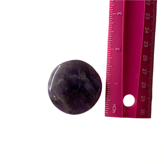 Amethyst cookie palm crystal with deep purple hues, promotes calm, intuition, and spiritual growth, palm shape symbolizes protection and creativity.
