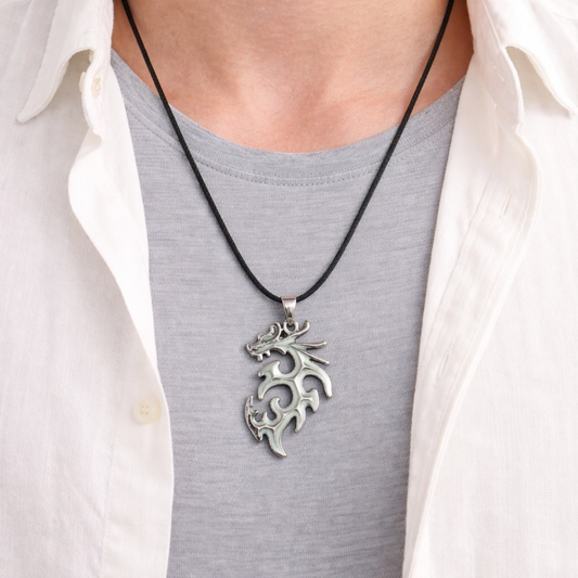 Glow in the dark orange dragon necklace fantasy pendant on long cord