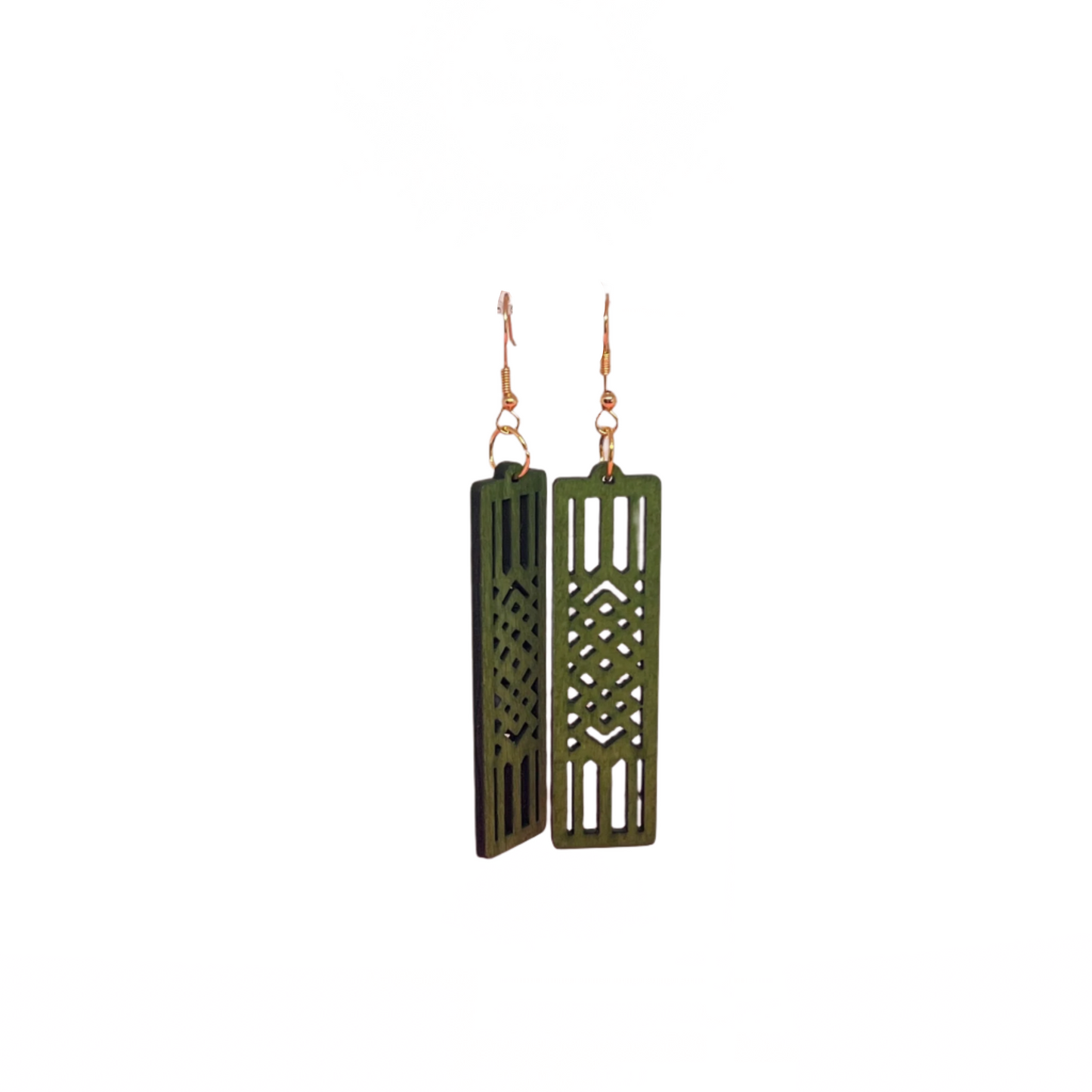 Green wooden rectangle earrings with decorative design, hypoallergenic posts, nature-inspired statement jewelry gift