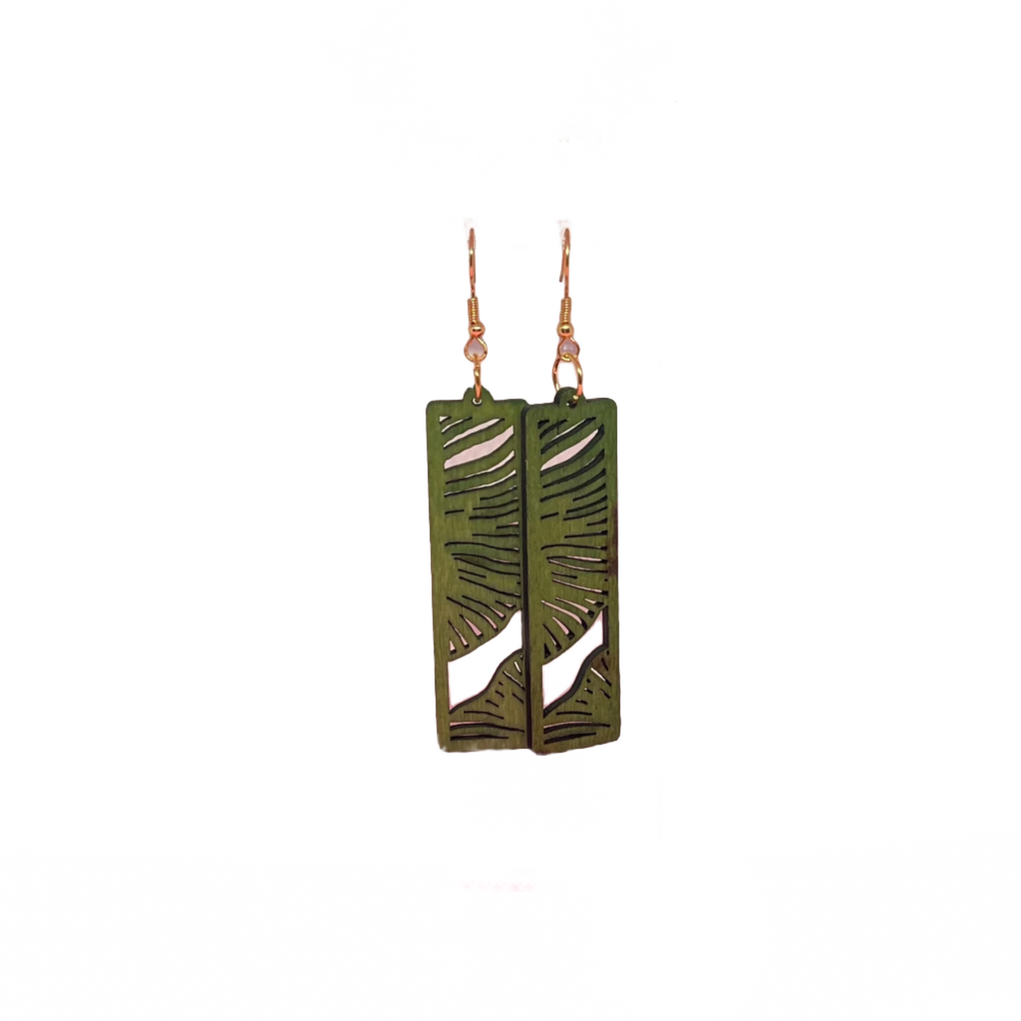 Green wooden rectangle earrings with decorative design, hypoallergenic posts, nature-inspired statement jewelry gift