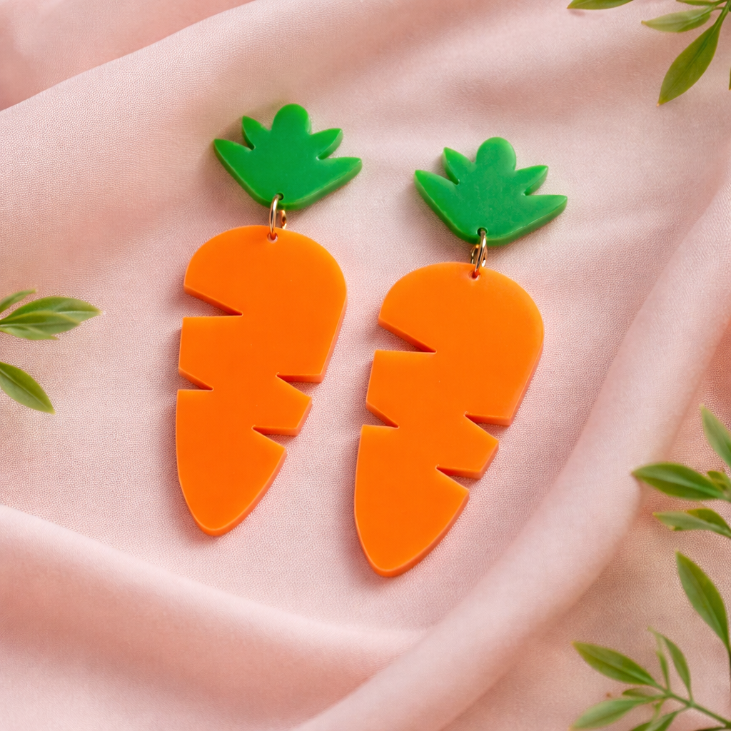 Bright orange carrot shaped acrylic dangle earrings with green tops and hypoallergenic hooks novelty spring jewelry