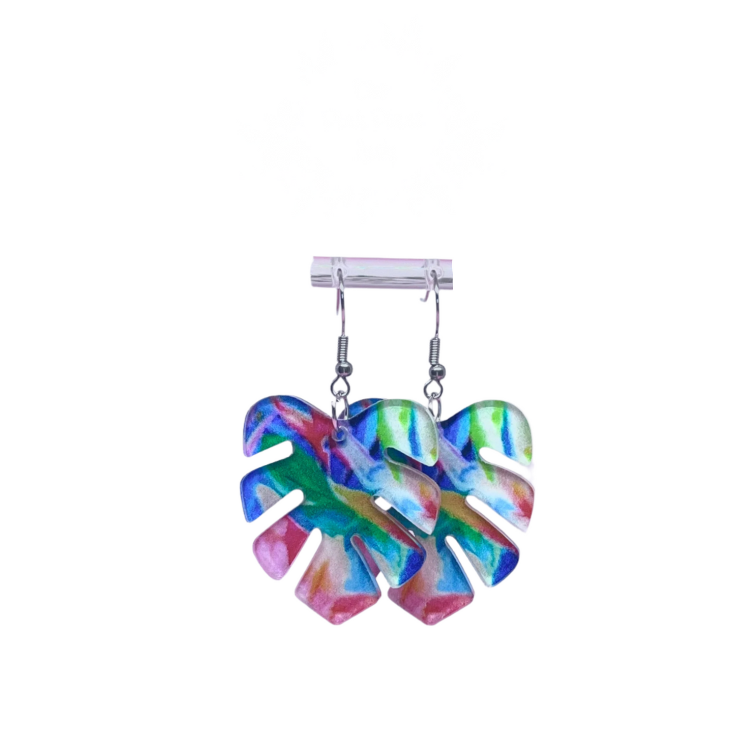 Acrylic multi-color rainbow Monstera leaf earrings with hypoallergenic posts, bold botanical boutique jewelry