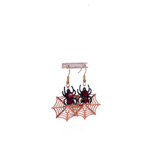 Black spider earrings with red rhinestones on gold-tone web, hypoallergenic posts, spooky statement jewelry gift