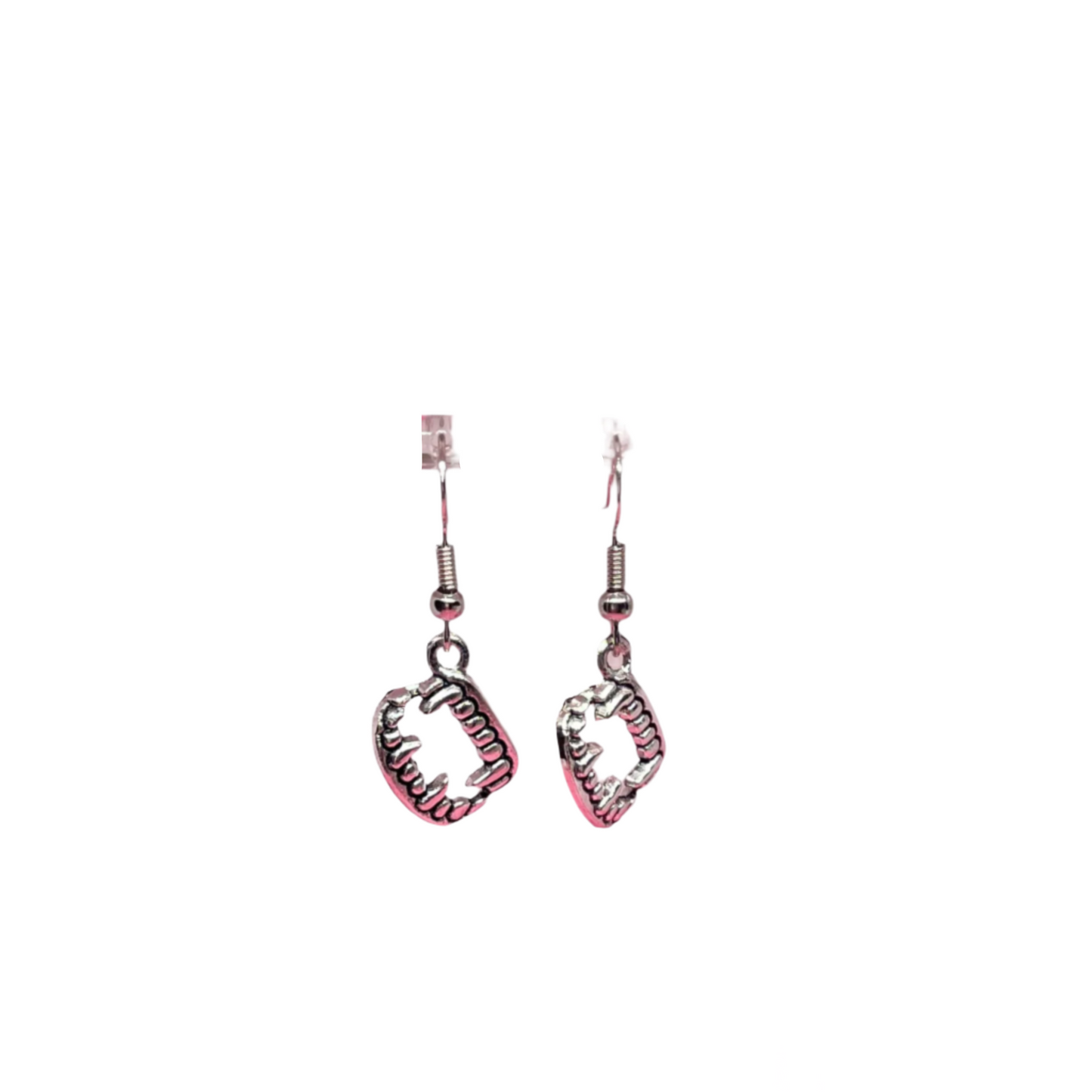 Small hanging silver-tone vampire teeth earrings with hypoallergenic posts, spooky playful statement jewelry gift