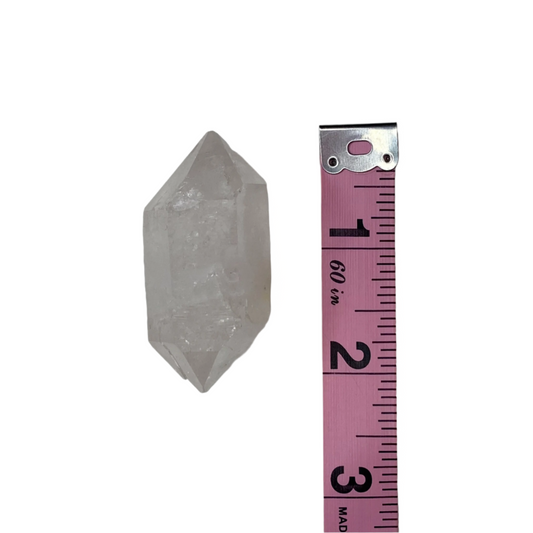 Clear quartz double point (Master Healer), cleanses, amplifies energy, enhances clarity and spiritual connection; symbolizes balance, duality, and directional energy flow.