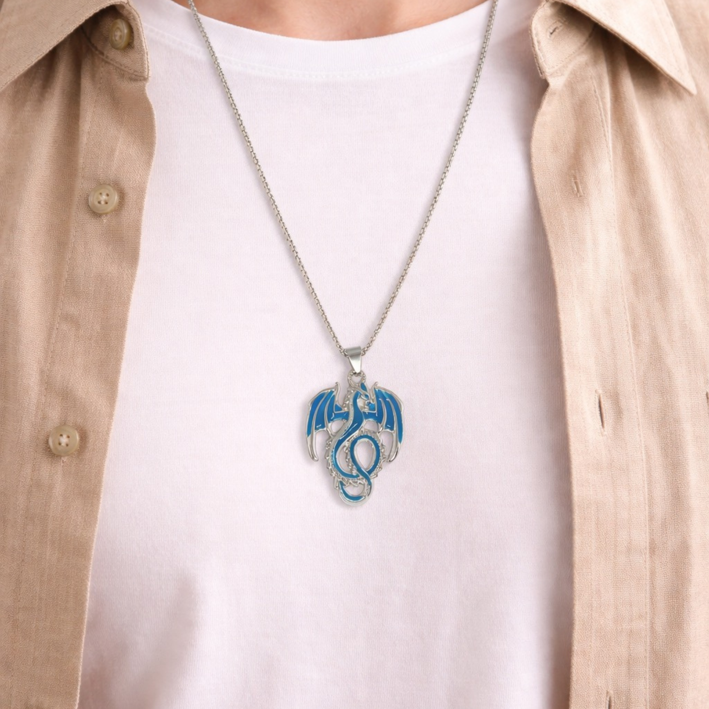 Glow in the dark blue dragon necklace with winged fantasy pendant on long chain