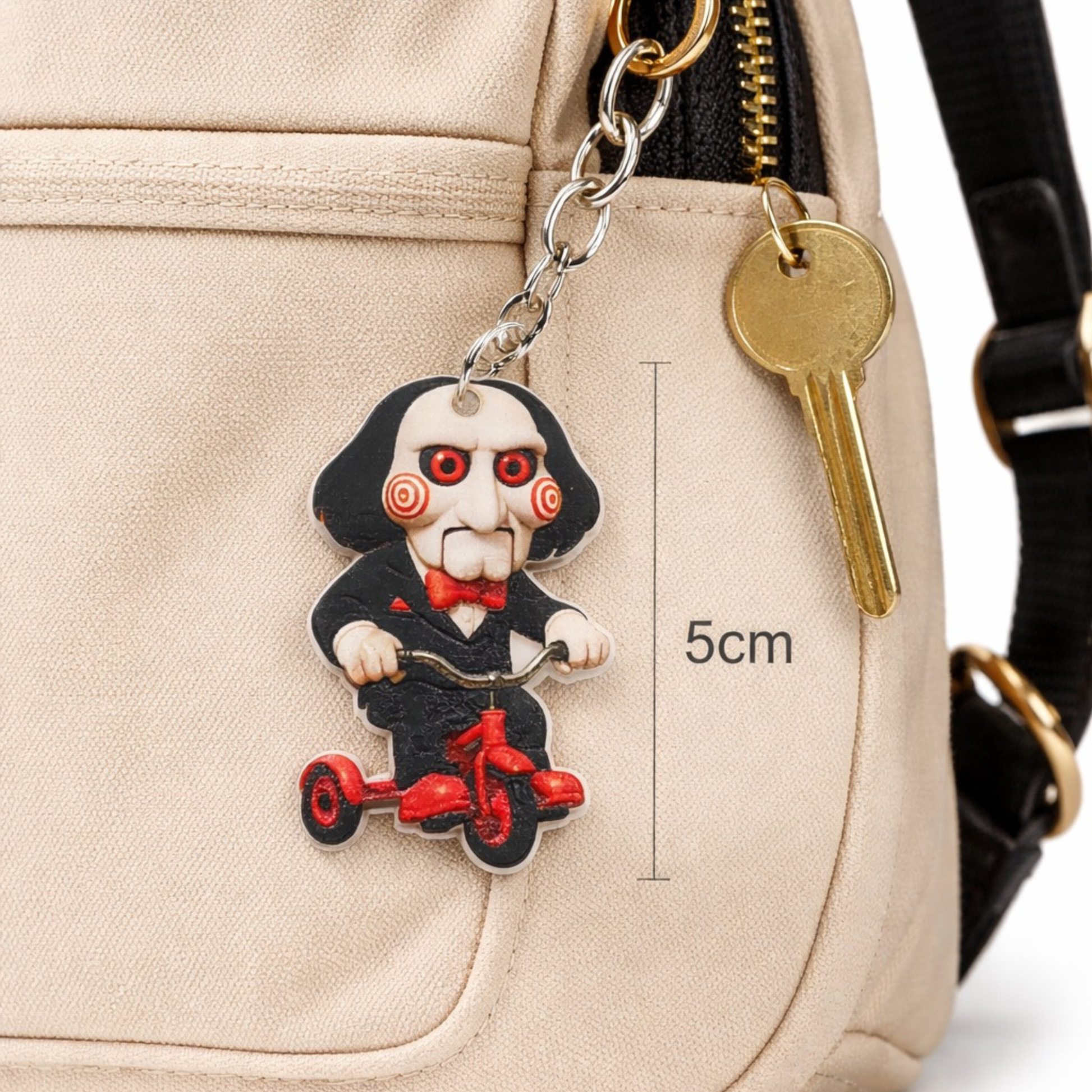 Acrylic horror tricycle puppet keychain spooky character accessory on metal keyring