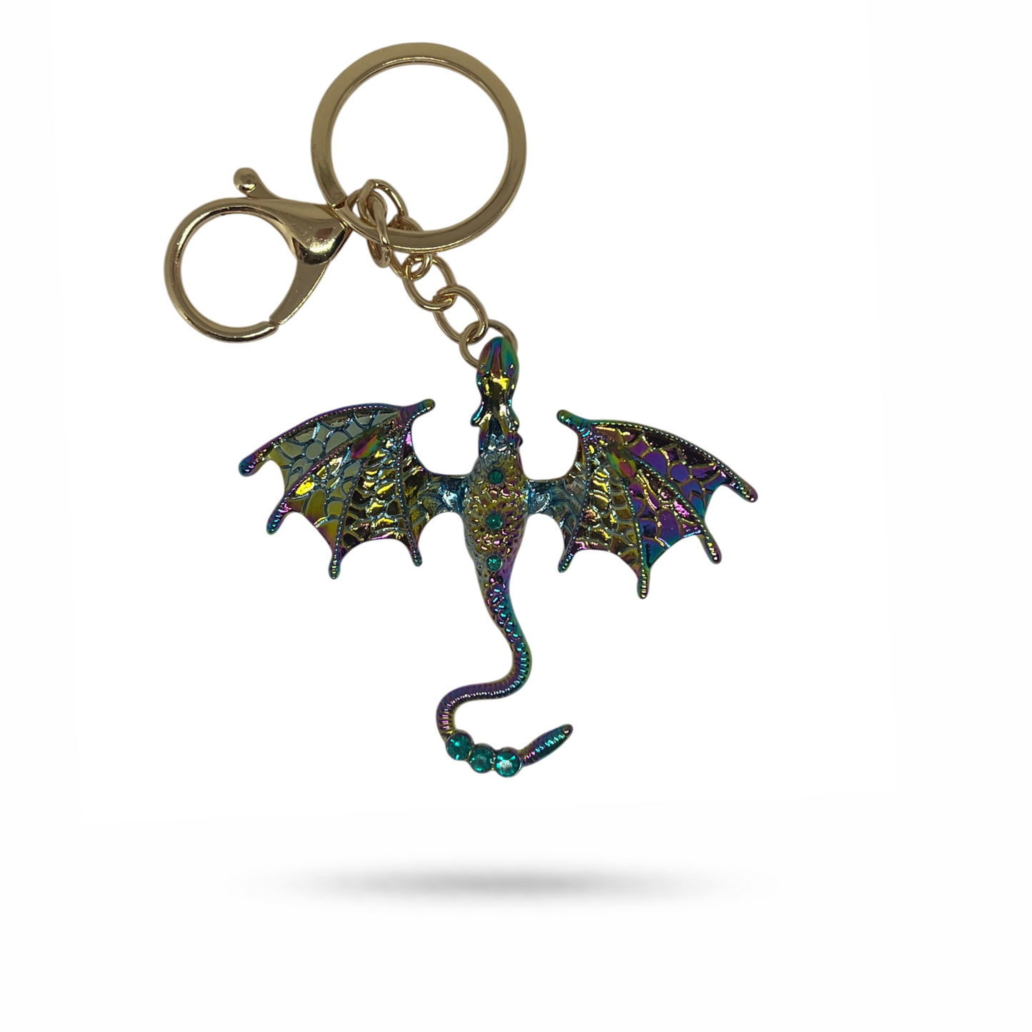 Iridescent winged dragon keychain fantasy bag charm with lobster clasp attachment