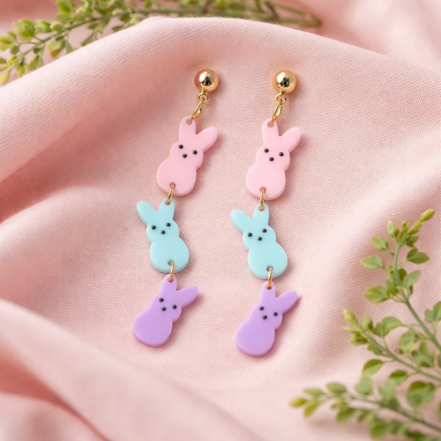 Pastel acrylic bunny drop earrings with pink blue and purple rabbits and gold tone posts Easter jewelry