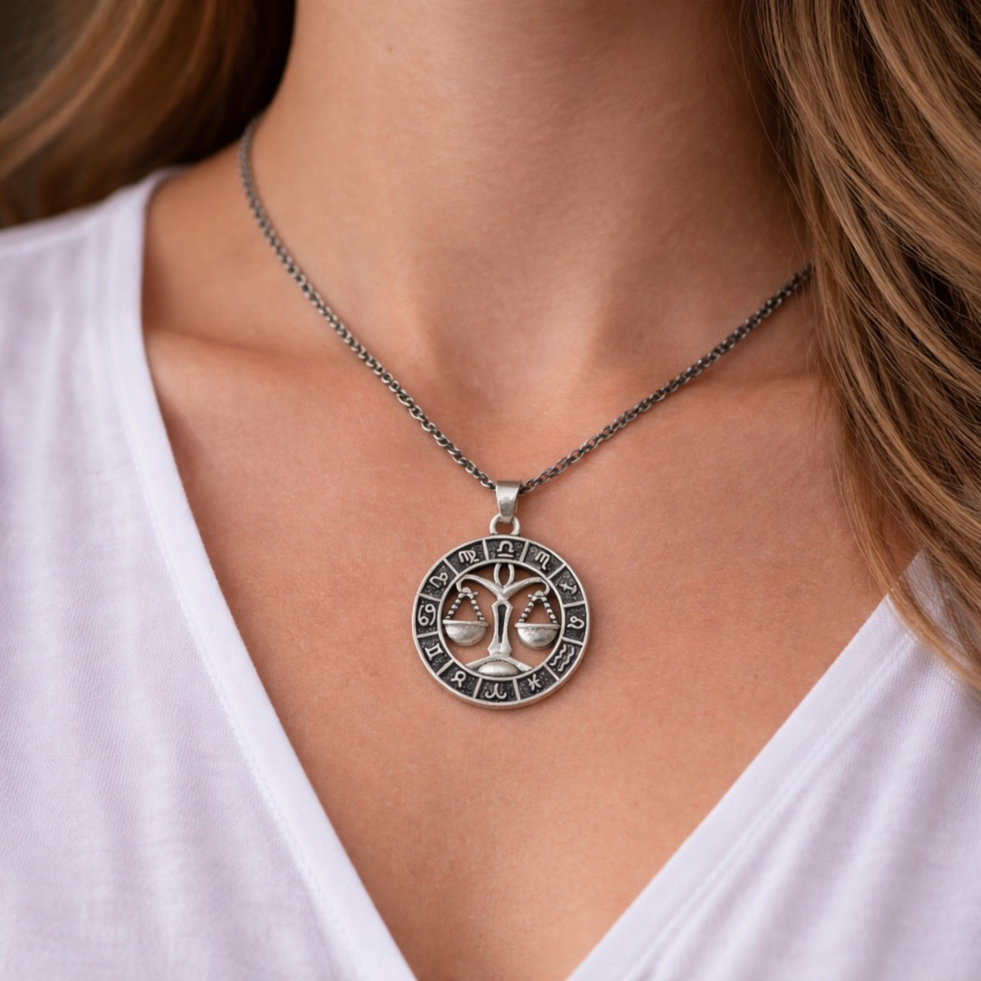 Silver tone libra zodiac necklace with all horoscope symbols border