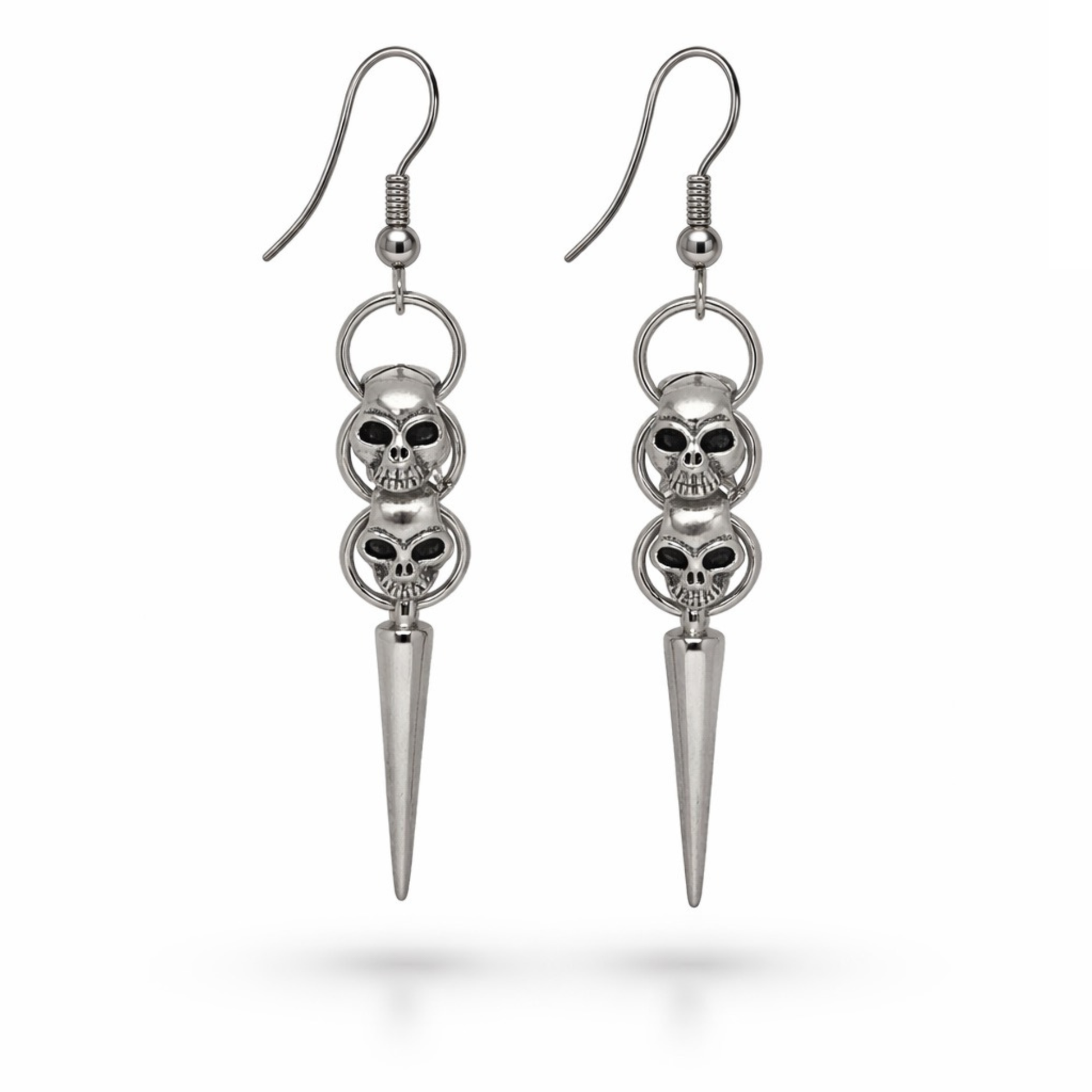 Silver tone skull spike dangle earrings with hypoallergenic hooks alternative jewelry