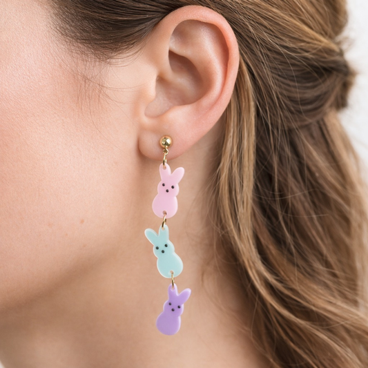 Pastel acrylic bunny drop earrings with pink blue and purple rabbits and gold tone posts Easter jewelry