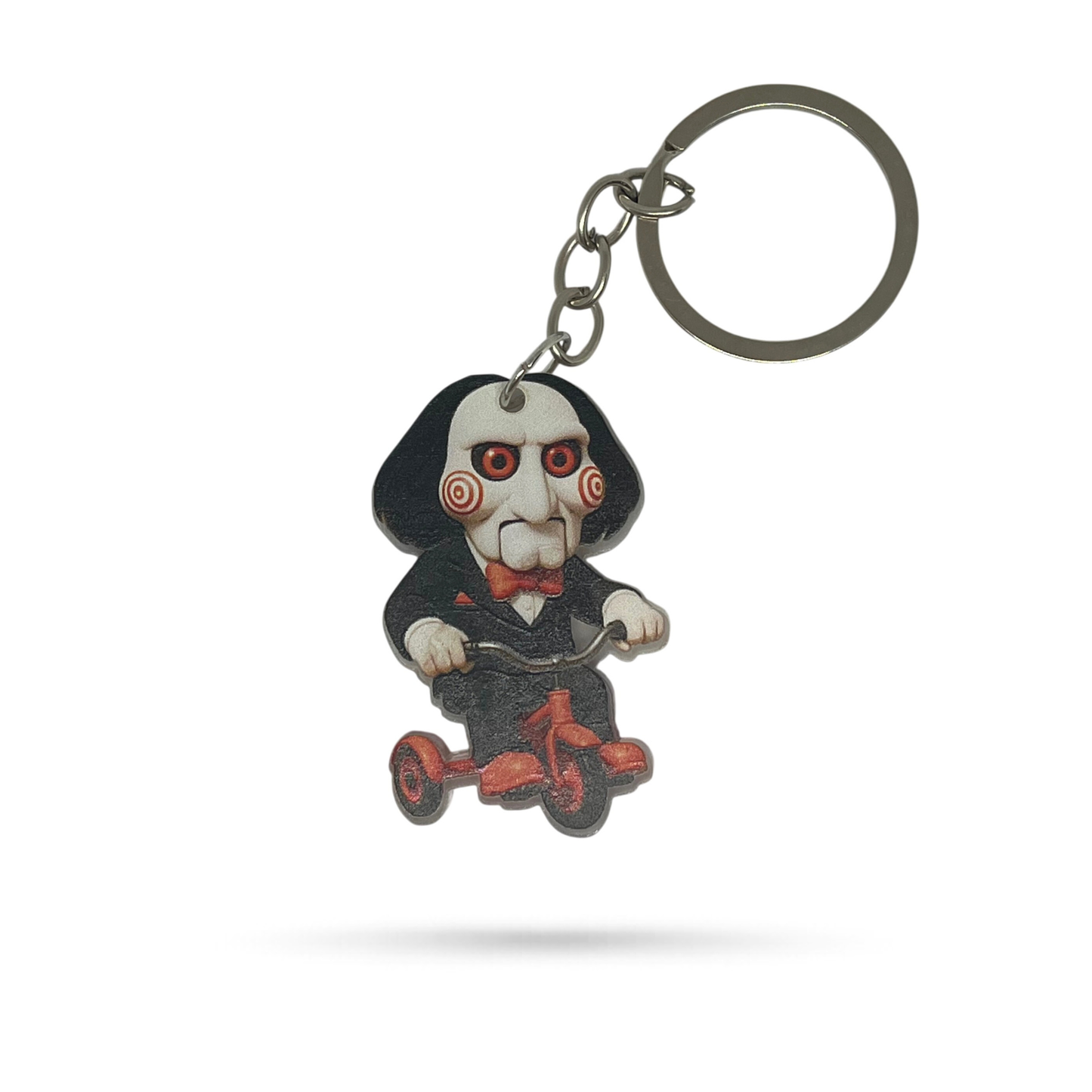 Acrylic horror tricycle puppet keychain spooky character accessory on metal keyring