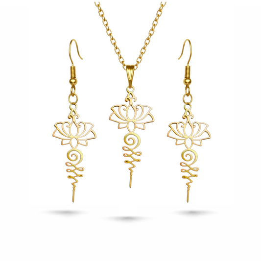 Gold tone lotus flower pendant necklace with matching lotus earrings stainless steel jewelry set