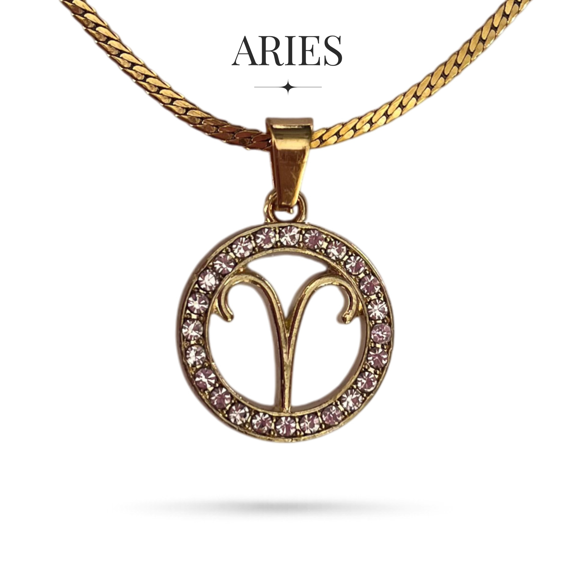 Gold tone Aries zodiac horoscope necklaces with rhinestones on stainless steel chain, all signs available