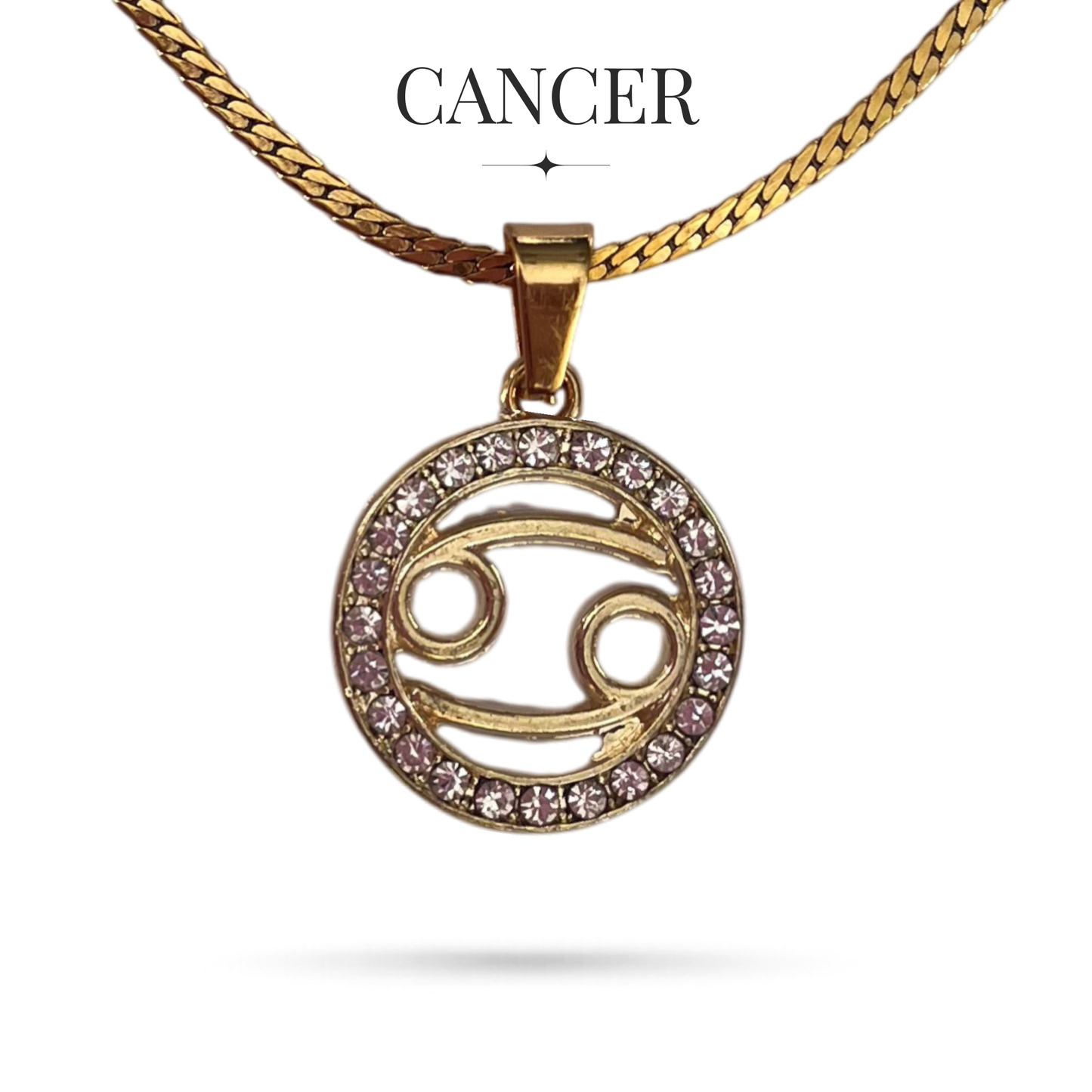 Gold tone cancer zodiac horoscope necklaces with rhinestones on stainless steel chain, all signs available