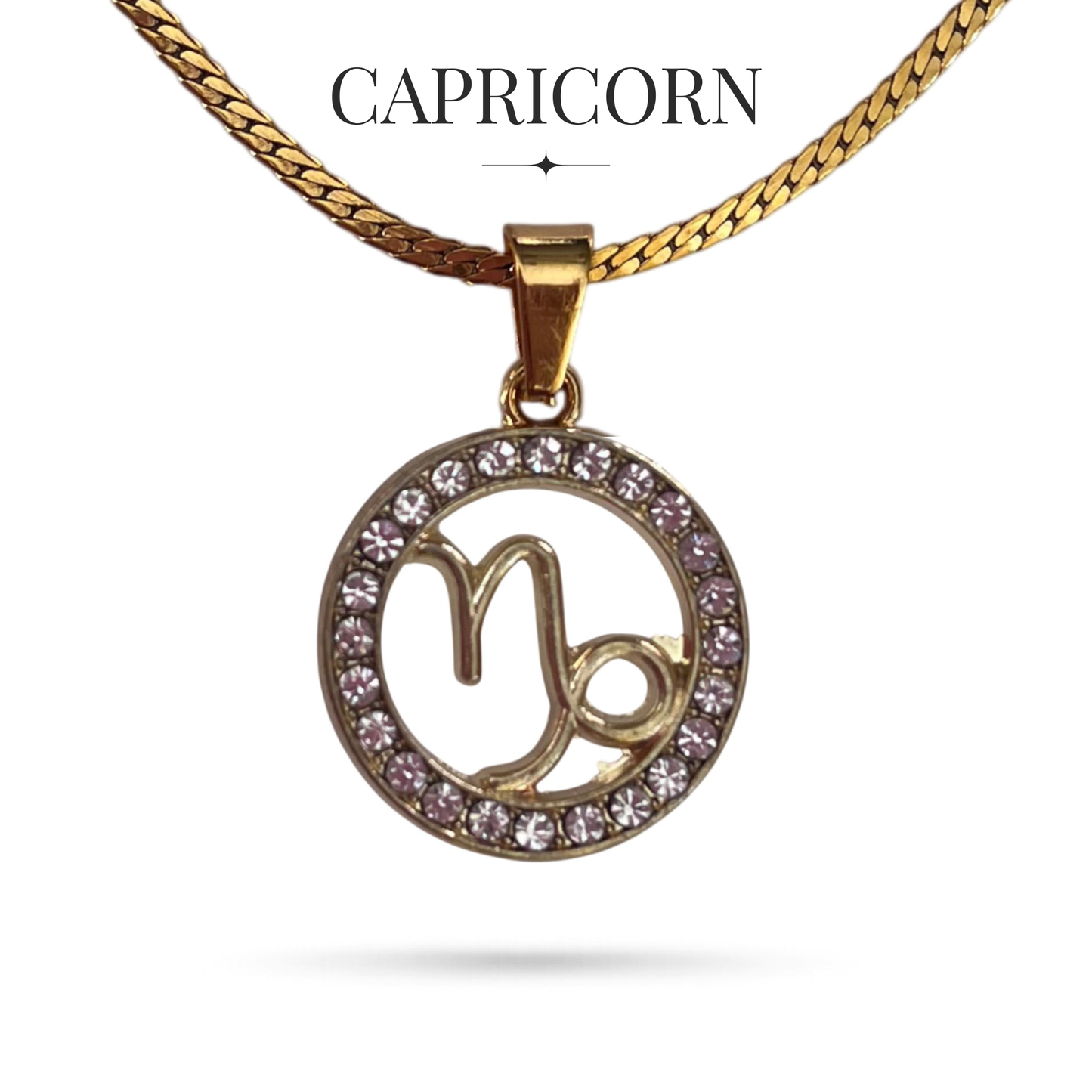 Gold tone Capricorn zodiac horoscope necklaces with rhinestones on stainless steel chain, all signs available