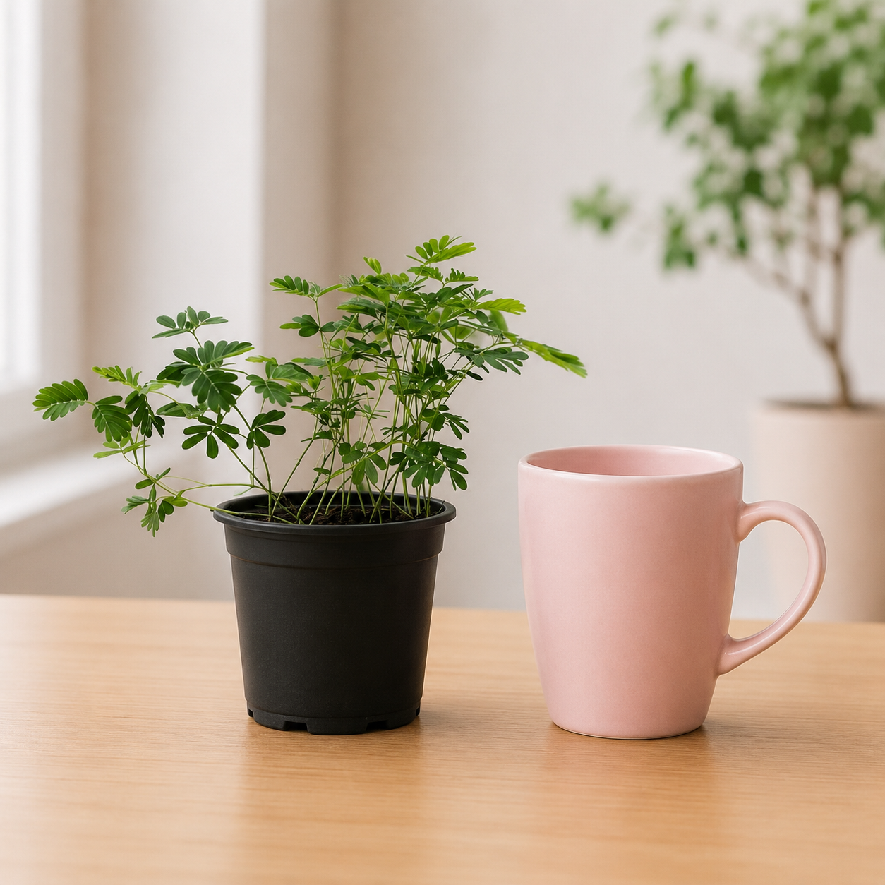 Sensitive Plant (Mimosa pudica) with delicate fern-like green foliage growing in a black nursery pot.
