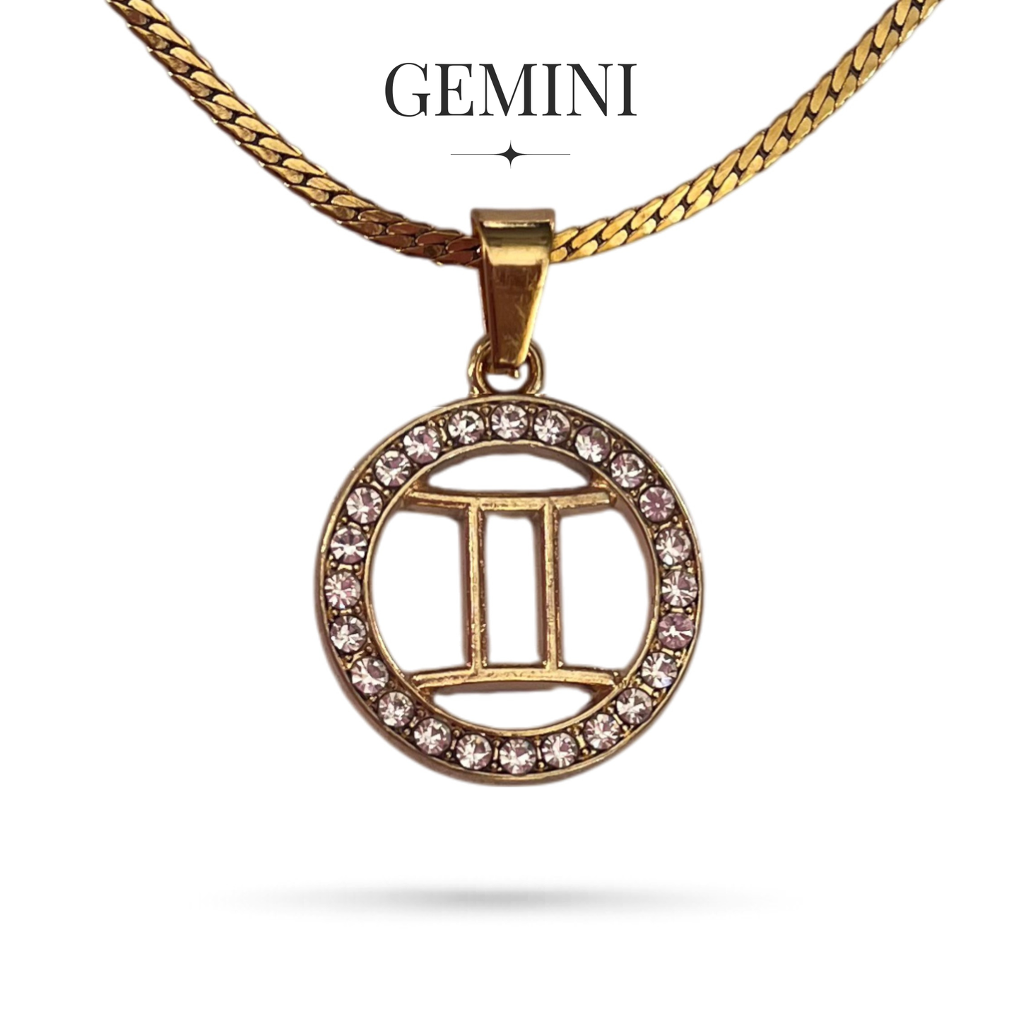 Gold tone gemini zodiac horoscope necklaces with rhinestones on stainless steel chain, all signs available