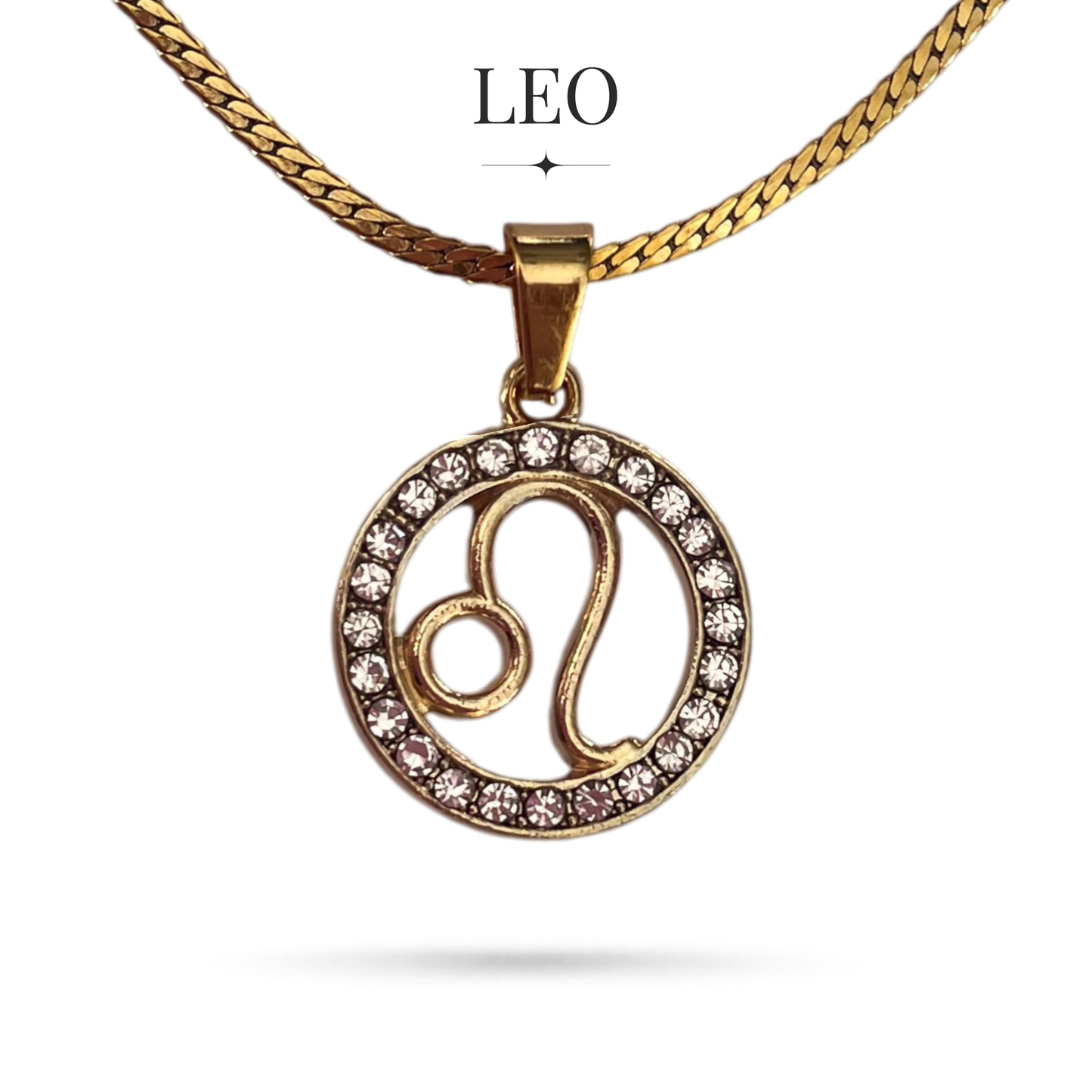 Gold tone Leo zodiac horoscope necklaces with rhinestones on stainless steel chain, all signs available