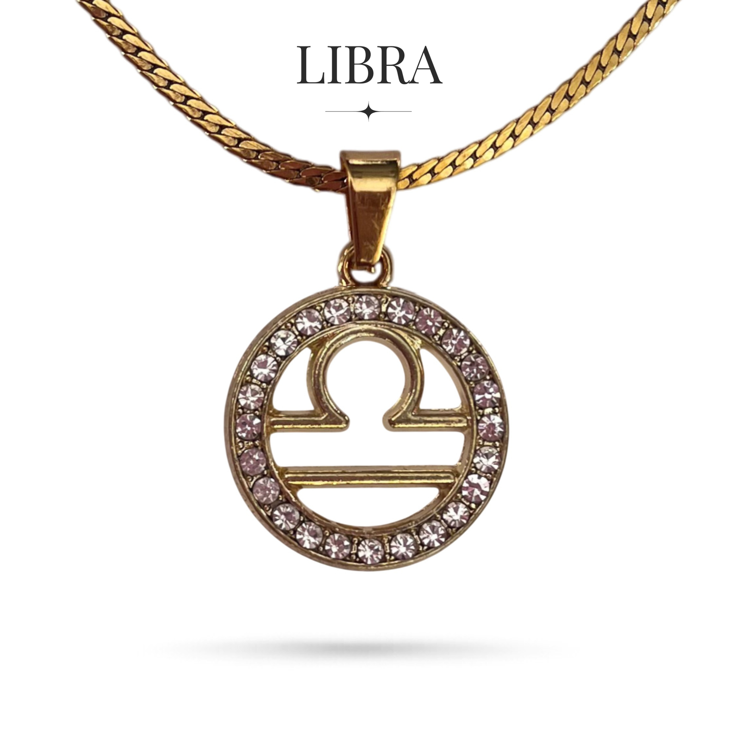 Gold tone libra zodiac horoscope necklaces with rhinestones on stainless steel chain, all signs available