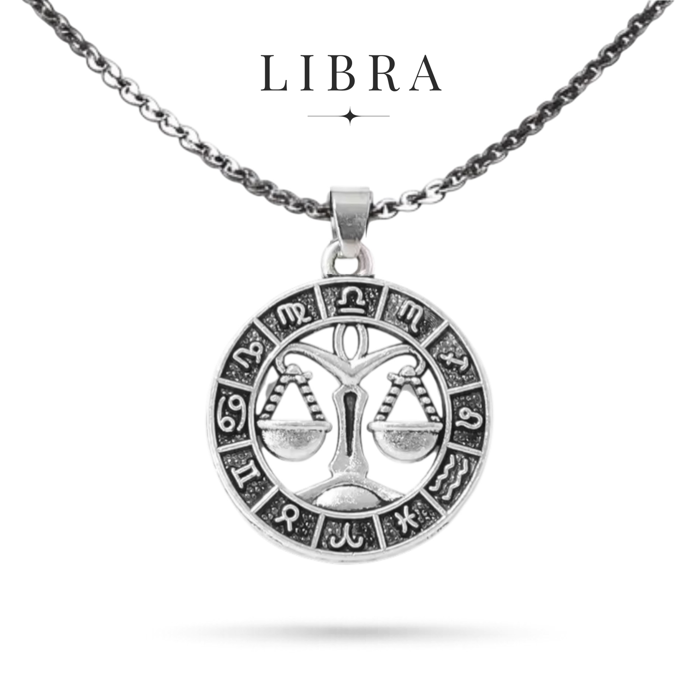 Silver tone Libra zodiac necklace with all horoscope symbols border