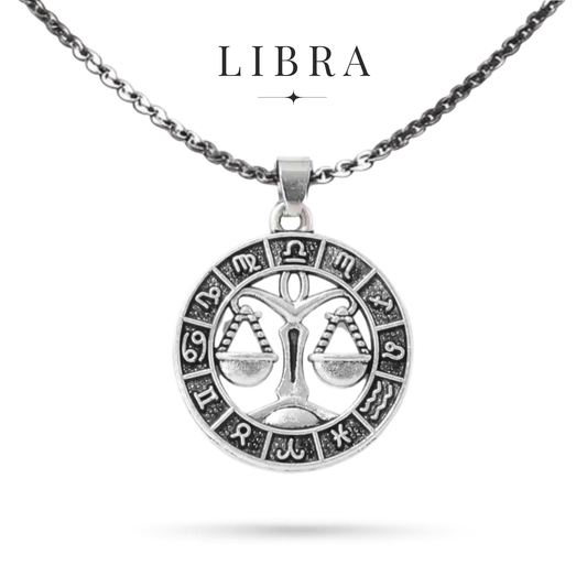 Silver tone Libra zodiac necklace with all horoscope symbols border