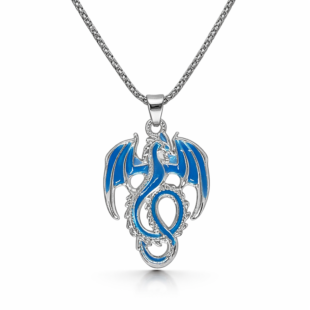 Glow in the dark blue dragon necklace with winged fantasy pendant on long chain