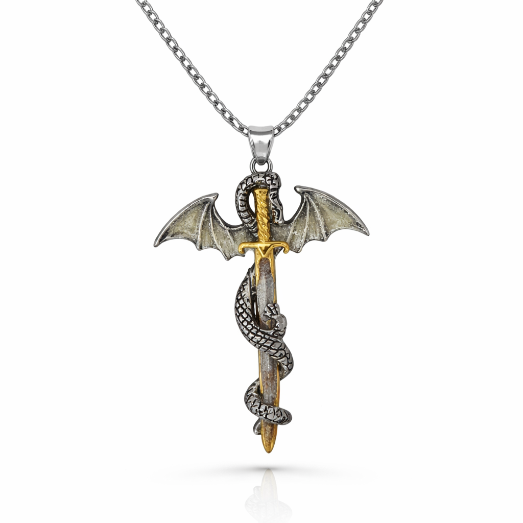 Glow in the dark dragon sword necklace with silver and gold tone fantasy pendant wrapped dragon design