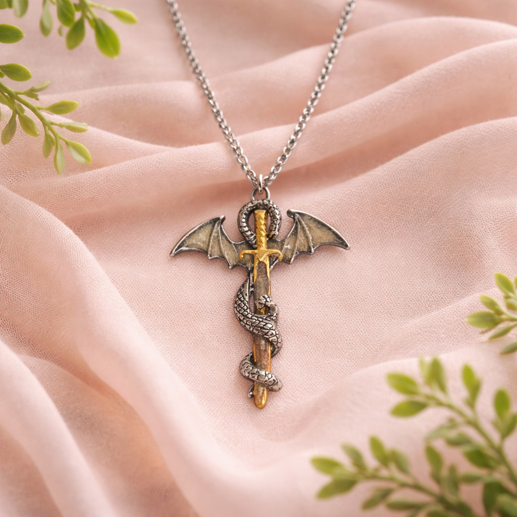 Glow in the dark dragon sword necklace with silver and gold tone fantasy pendant wrapped dragon design