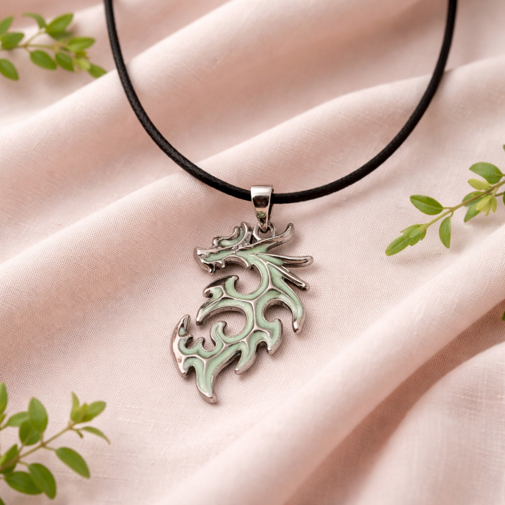Glow in the dark blue dragon necklace fantasy pendant with adjustable cord