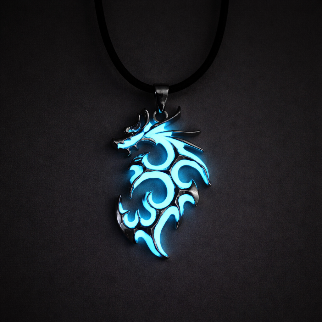 Glow in the dark blue dragon necklace fantasy pendant with adjustable cord