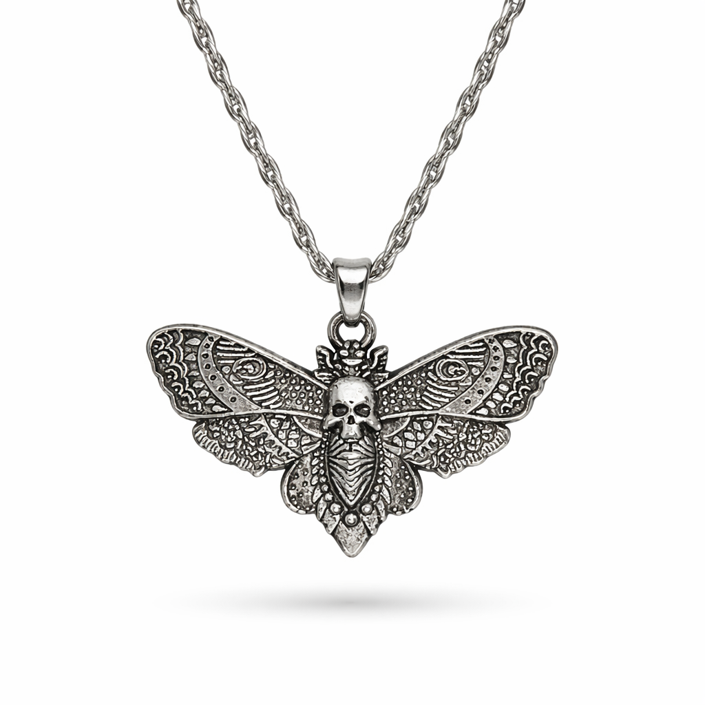 Silver tone skull moth necklace with detailed wings nature-inspired statement jewelry