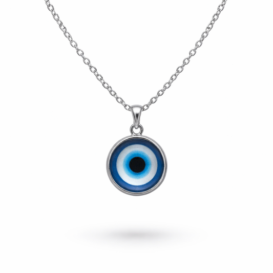 Silver tone evil eye necklace with blue protective eye pendant symbolic jewelry